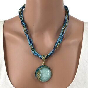 Boho Style Necklace Seed Bead Braided Chain Rhinestone Encrusted Pendant